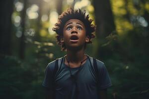 AI generated African American boy lost in forest at summer, neural network generated photorealistic image photo