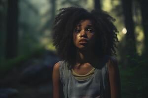 AI generated African American girl lost in forest at summer, neural network generated photorealistic image photo