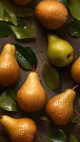 AI generated Fresh yellow pears with water drops seamless closeup background and texture, neural network generated image photo