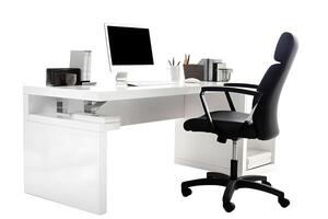 AI generated Office workplace desk with computer monitor and black empty office chair on wheels isolated on white background, neural network generated image photo