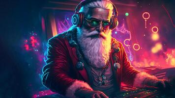 AI generated santa claus playing on analog synthesizer, synthwave style, neural network generated art photo