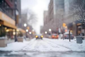 AI generated American downtown street view at snowy winter day, neural network generated image photo