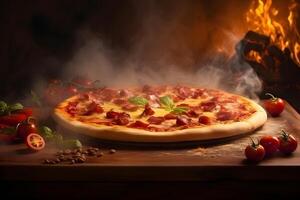 AI generated Hot big pepperoni pizza with steam, neural network generated photorealistic image photo