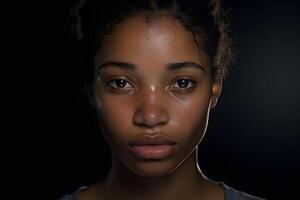 ai generado lustroso joven adulto africano americano mujer, retrato en negro antecedentes. neural red generado fotorrealista imagen foto