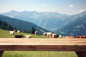 AI generated wooden table on the background of blurred alps green meadow with cows at sunny summer day, neural network generated image photo
