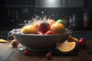 AI generated fresh fruit splashing in a bowl with cinematic light, neural network generated image photo
