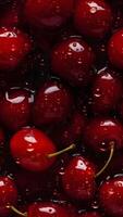 AI generated Fresh red cherry with water drops seamless closeup background and texture, neural network generated image photo