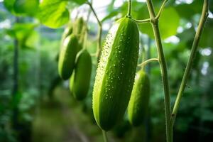 AI generated ripe green cucumbers hanging in a greenhouse, neural network generated photorealistic image photo