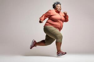 AI generated Overweight senior African American woman running on white background, concept of overweight and weight loss. Neural network generated photorealistic image photo