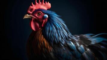 AI generated gorgeous colorful rooster close portrait on black background, neural network generated photorealistic image photo