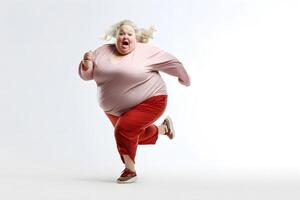 AI generated Overweight senior Caucasian woman running on white background, concept of overweight and weight loss. Neural network generated photorealistic image photo