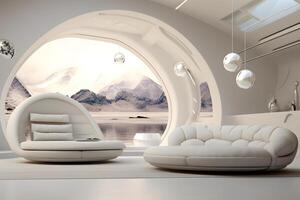 AI generated futuristic white moon base living room interior, neural network generated image photo