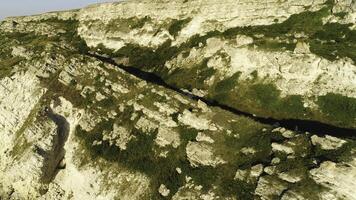 aéreo ver de un rocoso Pendiente cubierto con verde musgo en un soleado verano día. disparo. natural fondo, blanco montaña y verde vegetación. foto