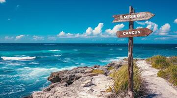 ai generado firmar señalando a el dirección de mexico con escénico playa y Oceano en cancun foto