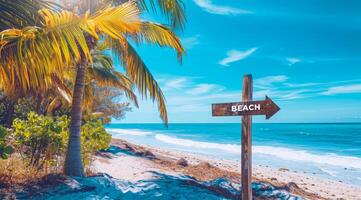 ai generado firmar señalando a el dirección de vacaciones destino con escénico playa y Oceano foto