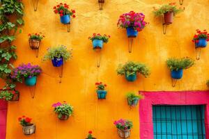 AI generated Typical architecture of Mexican colonial colorful houses in historic city center photo