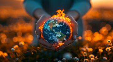 AI generated Burning globe, a concept of climate change, global warming and wildfires raging on earth photo