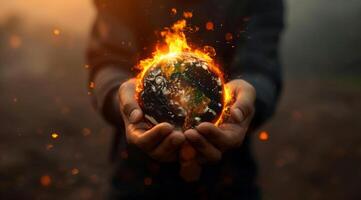 ai generado ardiente globo, un concepto de clima cambiar, global calentamiento y incendios forestales furioso en tierra foto