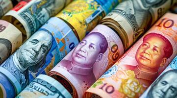 AI generated Money rolls, currencies from different countries. Yuan and dollar banknotes, investment and economy photo