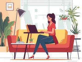 AI generated Freelancer performing remote work from home with laptop connectivity photo