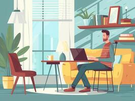 AI generated Freelancer performing remote work from home with laptop connectivity photo