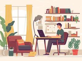 AI generated Freelancer performing remote work from home with laptop connectivity photo