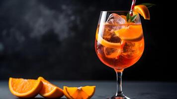 AI generated orange alcohol cocktail aperitif with oranges and ice in glass with straws, neural network generated image photo