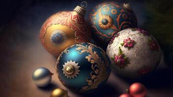 AI generated colorful christmas balls with complex ornaments close-up, neural network generated art photo