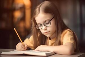 AI generated education and school concept - little blonde caucasian student girl studying at evening in home, neural network generated photorealistic image photo