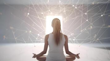 AI generated blonde woman sitting in meditative lotus position in front of and surrounded with network of connected flying glowing spots, neural network generated art photo