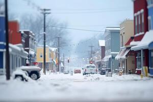 ai generado americano juguete pueblo calle ver a Nevado invierno día, neural red generado imagen foto