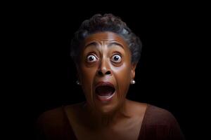 AI generated surprised senior African American woman, head and shoulders portrait on black background. Neural network generated image photo