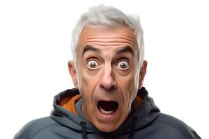 AI generated Surprised gray-haired Caucasian man on white background. Neural network generated photorealistic image. photo