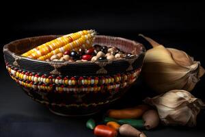 AI generated Kwanzaa - afro-american holiday. Corn bowl and harvest on black background, neural network generated photorealistic image photo