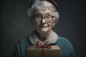 ai generado sonriente antiguo dama con Navidad regalo retrato, neural red generado Arte foto