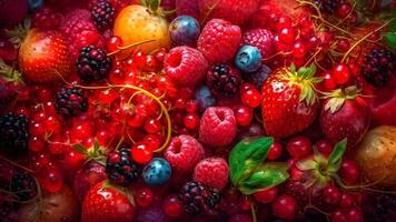 AI generated Berry mix photorealistic colorful full-frame closeup high angle view background, neural network generated image photo
