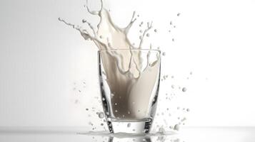 AI generated glass of milk with crown of splashes on white background, neural network generated image photo