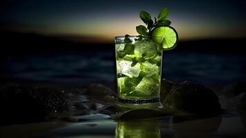 AI generated a glass of refreshing green mint mojito summer drink on sea background at summer night, closeup with selective focus and copy space, neural network generated image photo