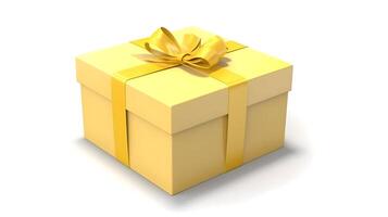AI generated One yellow gift box in craft wrapping paper and yellow satin ribbon with bow on white clean flat surface background, neural network generated image photo