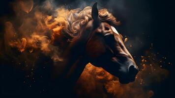 AI generated artisticly lit horse head with smoke and fumes on black background, neural network generated image photo