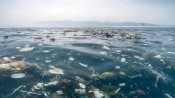 ai generado el plastico basura flotante en Oceano superficie a luz, neural red generado imagen foto