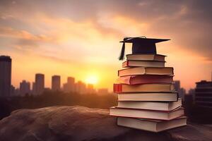 AI generated a stack of books and graduation cap on the roof with the sunset in the background, neural network generated image photo