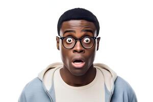 AI generated surprised African American man with glasses, head and shoulders portrait on white background. Neural network generated image photo