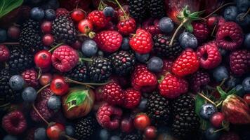 AI generated Berry mix photorealistic colorful full-frame closeup high angle view background, neural network generated image photo