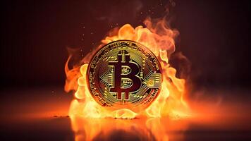 AI generated bitcoin on fire, neural network generated photorealistic image photo