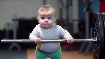 ai generado pequeño sonriente caucásico fuerte bebé chico ascensores un 400 kg barra con pesas, neural red generado imagen foto