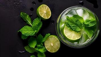 ai generado parte superior ver de refrescante menta cóctel mojito en un vaso en negro antecedentes con Lima, menta hojas y hielo, neural red generado imagen foto