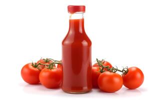 AI generated Glass bottle of tomato ketchup and some tomatoes isolated on white background, neural network generated image photo