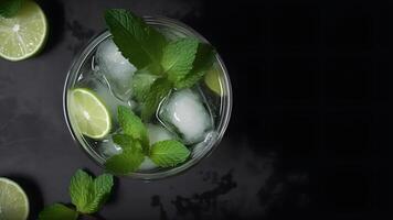 ai generado parte superior ver de refrescante menta cóctel mojito en un vaso en negro antecedentes con Lima, menta hojas y hielo, neural red generado imagen foto