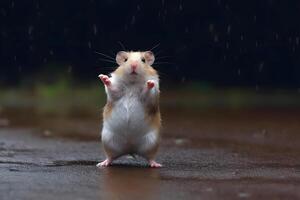 ai generado hámster bailando en el lluvia, neural red generado imagen foto